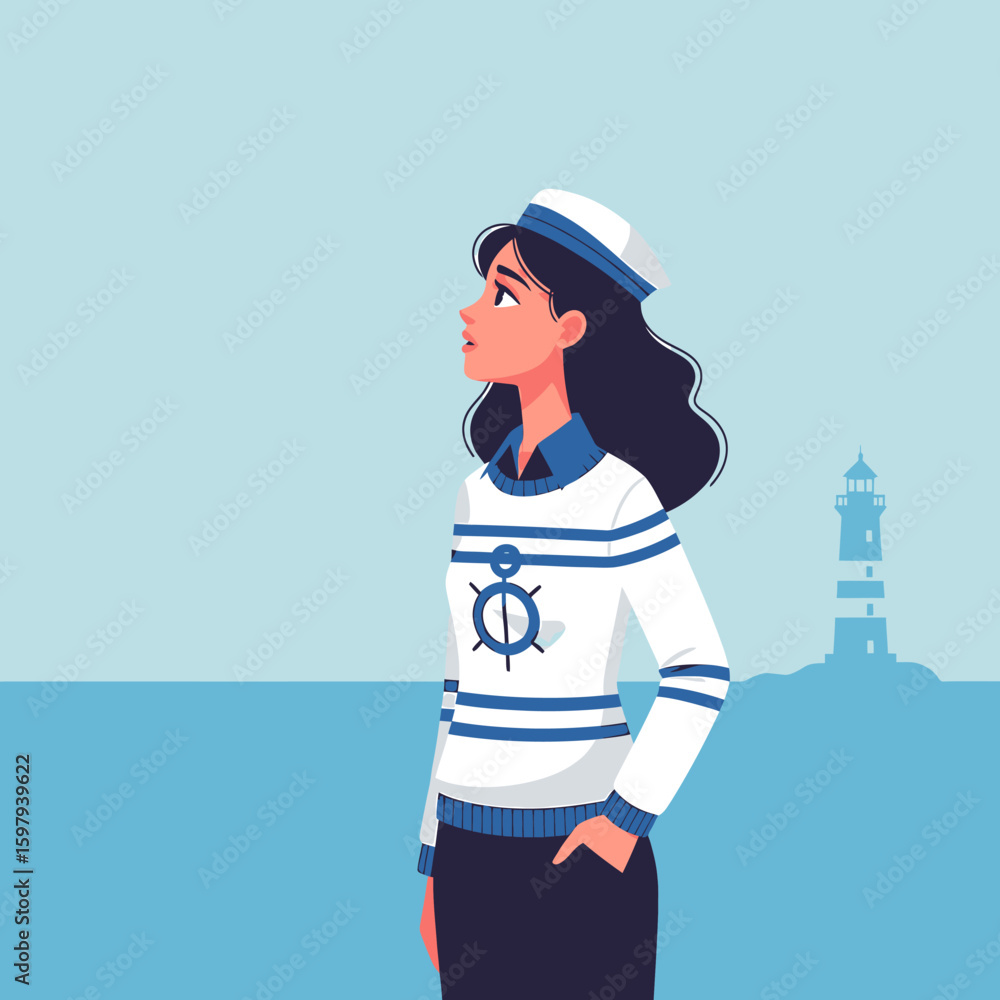 Obraz premium Coastal Dream Woman in Sailor Outfit Gazing at Lighthouse