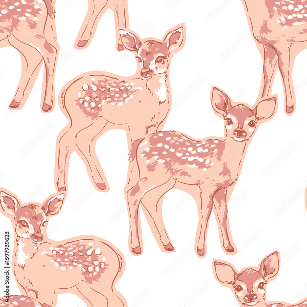 Obraz premium Seamless Pink and White Pattern with Cute Baby Deers Hand Drawn Vector for Baby 