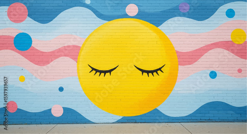 Smiling sun face mural on brick wall with stylized colorful design