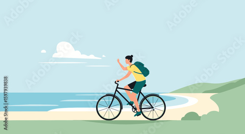 Coastal Adventure Cyclist Enjoying Scenic Beach Ride With Backpack Waving Hand