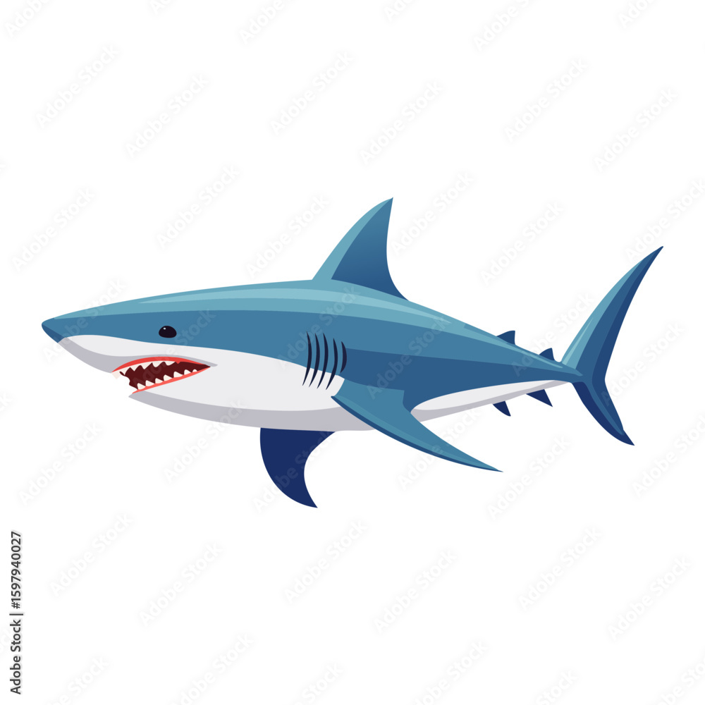 Naklejka premium A blue great shark illustration with open mouth showing sharp teeth