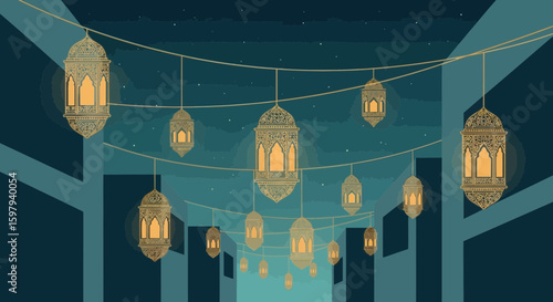 Enchanting Ramadan Night Scene with Glowing Arabic Lanterns Against Dark Urban Skyline