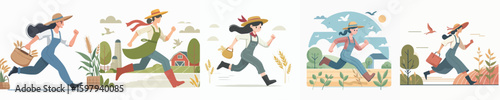 vector set of female farmers running