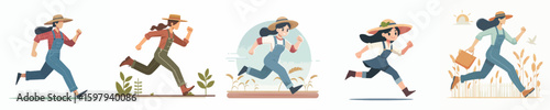 vector set of female farmers running