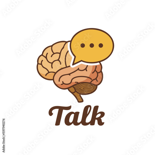 Badge Icon of Brain with Chat Bubble and ‘Talk’ Label Flat Style