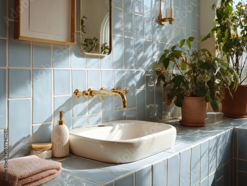 Sun-drenched light blue tiled bathroom