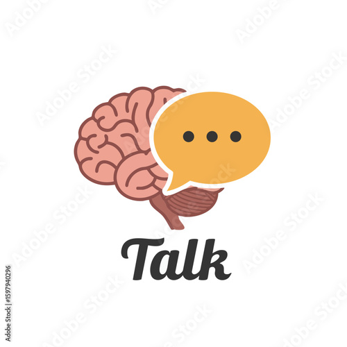 Badge Icon of Brain with Chat Bubble and ‘Talk’ Label Flat Style