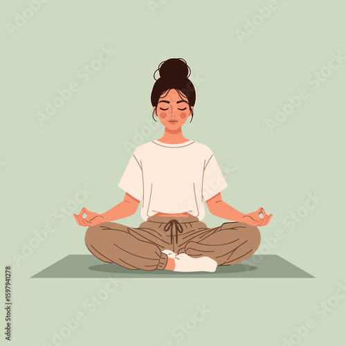 A serene woman meditating in the lotus position on a yoga mat. Illustration of mindfulness, relaxation, and spiritual practice for well-being.