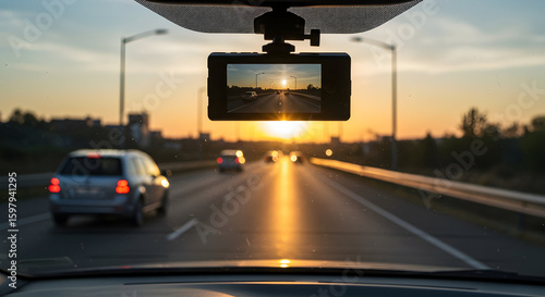 Car Driving on a Highway During Sunset with Dashboard Camera Capturing Scenic View of the Road Ahead