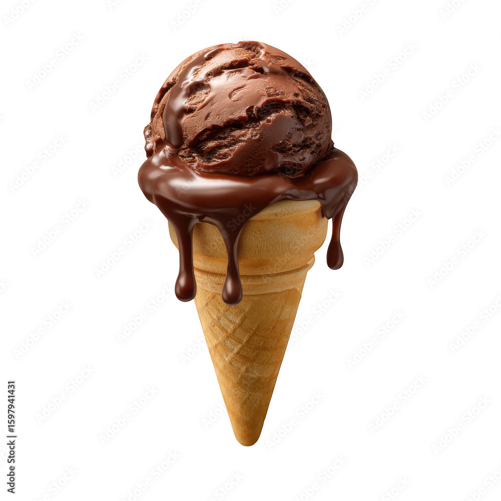 Obraz premium Delicious chocolate ice cream cone with melting chocolate drizzle isolated on transparent background