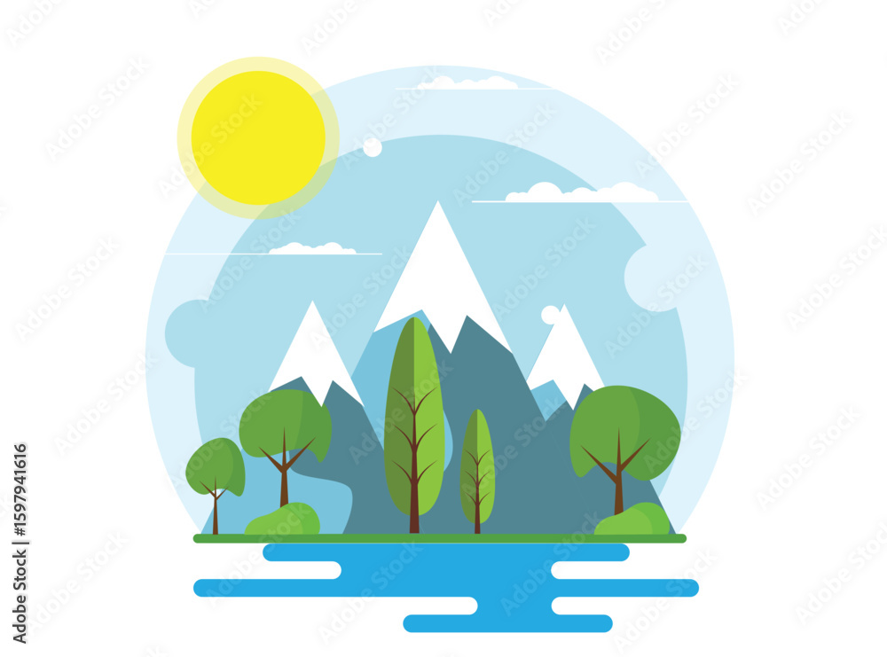 Fototapeta premium Flat Style Landscape Mountain Valley with Lake and Forest. Nature and outdoor scenery concept vector art