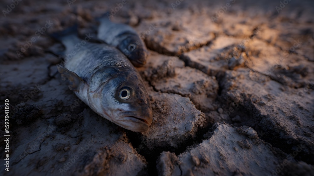 Obraz premium Dead fish on a dry cracked riverbed