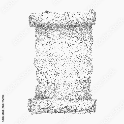 White scroll with black dots. Rough stipple shading with distressed halftone layers, old photocopy look and threshold outlines.