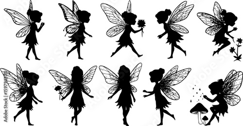 set of Cute Fairy art. Beautiful Fairies silhouette collection, Little fairies set. Hand drawn vector illustration. on white background