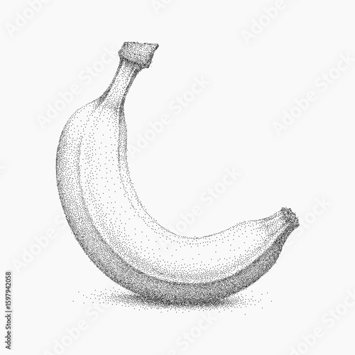 Banana drawing. Retro stipple drawing with halftone dots, light photocopy noise and sharp threshold lines.