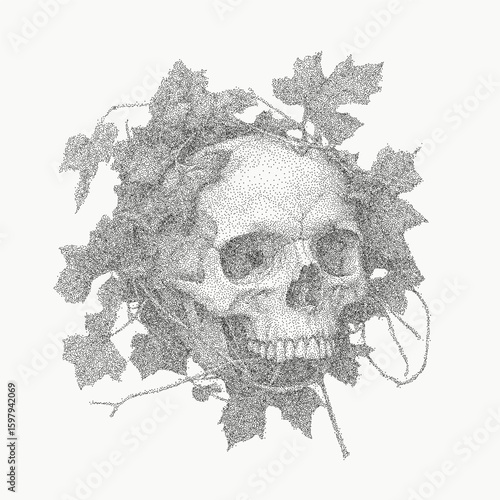 Skull drawn with leaves surrounding it. Detailed stipple ink with noisy halftone, dusty photocopy noise and threshold shadow work.