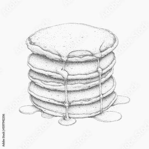 Stack of pancakes with syrup on top. Retro stipple style with grainy dots, photocopy and bold threshold for a raw print feel.