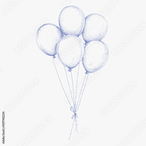 Bunch of balloons are tied together. Halftone stipple drawing in old photocopy style, noisy dotted shading and bold threshold lines, nostalgic retro vibe.