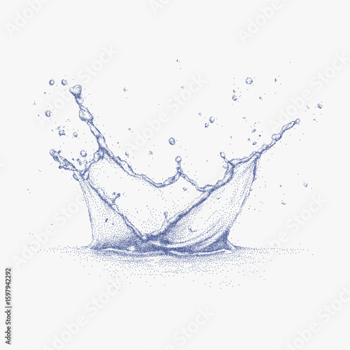 Blue splash of water drawn. Rough stipple halftone illustration, noisy dotted shading, photocopy effect and threshold lines for vintage touch.