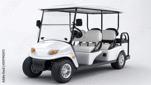 Modern White Golf Cart with Four Seats on Isolated Background