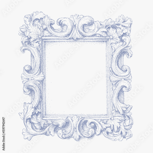 Blue frame decorated with swirls and dots. Classic retro stipple sketch with gritty halftone shading, paper photocopy texture and threshold lines, vintage detail.
