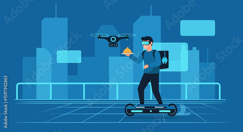 Futuristic Food Delivery Service Using Drone and Electric Scooter in City Skyline
