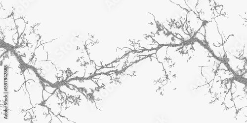 Tree with many branches, sense of chaos and disorder. Classic stipple halftone style with grainy photocopy effect. Noisy dotted texture and threshold shading.