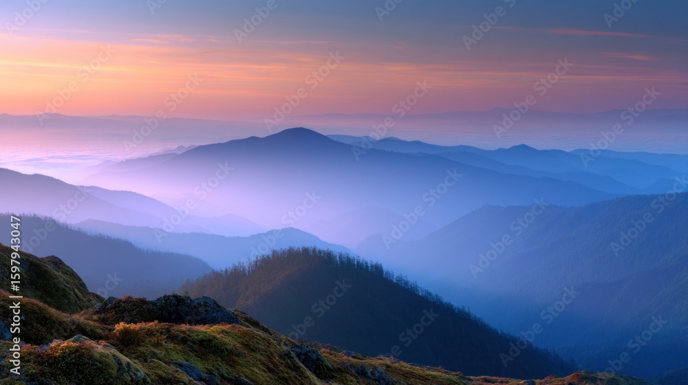 Fototapeta premium Majestic mountain range at dawn showcases layers of peaks shrouded in mist, creating a serene landscape with a soft, pastel-colored sky and a sense of depth and tranquility.