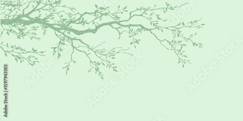 Green tree branch with many leaves. Vintage stipple sketch with rough halftone dots, photocopy grain, threshold contrast for graphic.