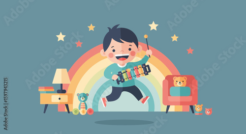 Joyful Boy Playing Xylophone With Rainbow Stars And Stuffed Toys Decoration