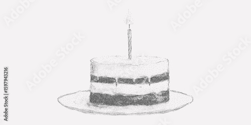 Cake with a candle on top of it. Classic sketch with halftone dots, rough photocopy background and sharp threshold details.
