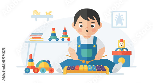 Joyful Boy Plays Xylophone Surrounded By Colorful Toys In Bright Room