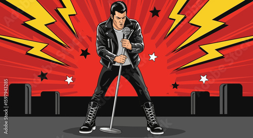 Energetic Rocker Performing Live With Retro Pop Art Design And Bold Presentation