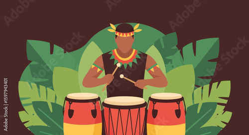 Energetic Tribal Drummer Displaying Rhythm With Traditional Ethnic Accoutrements