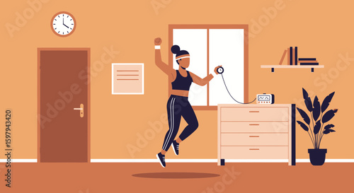 Energetic Woman Tracking Workout Time At Home For Fitness And Wellbeing