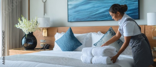 The hotel staff member arranging fresh towels on a neatly made bed.