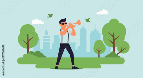 Man Playing Trumpet In City Park Enjoying Summer Day With Birds Flying