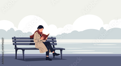 Enjoying Autumn Reading Day On Bench In A Serene Park Scene Illustration