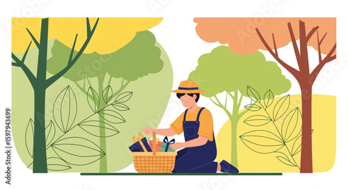 Gift Giving In Autumnal Park With Farmer And Wicker Basket Presents