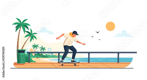 Enjoying Coastal Vibes A Skateboarder Ride Along Scenic Beachfront Boardwalk