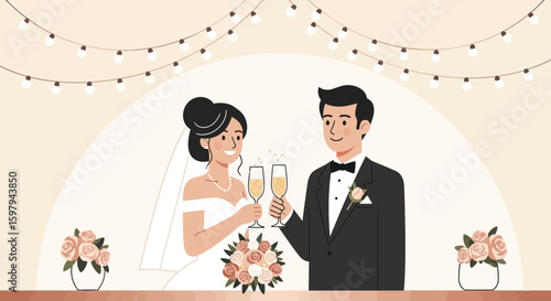Newlyweds Toasting Champagne At Reception With String Lights Celebration Concept