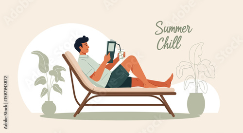 Enjoying Leisurely Summer Day With Book And Drink On A Comfortable Lounge Chair