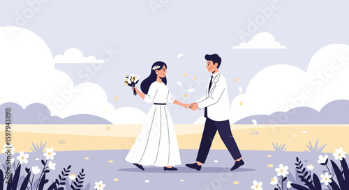 Newlyweds Walking Together Through a Blooming Meadow Holding Hands In A Romantic Setting