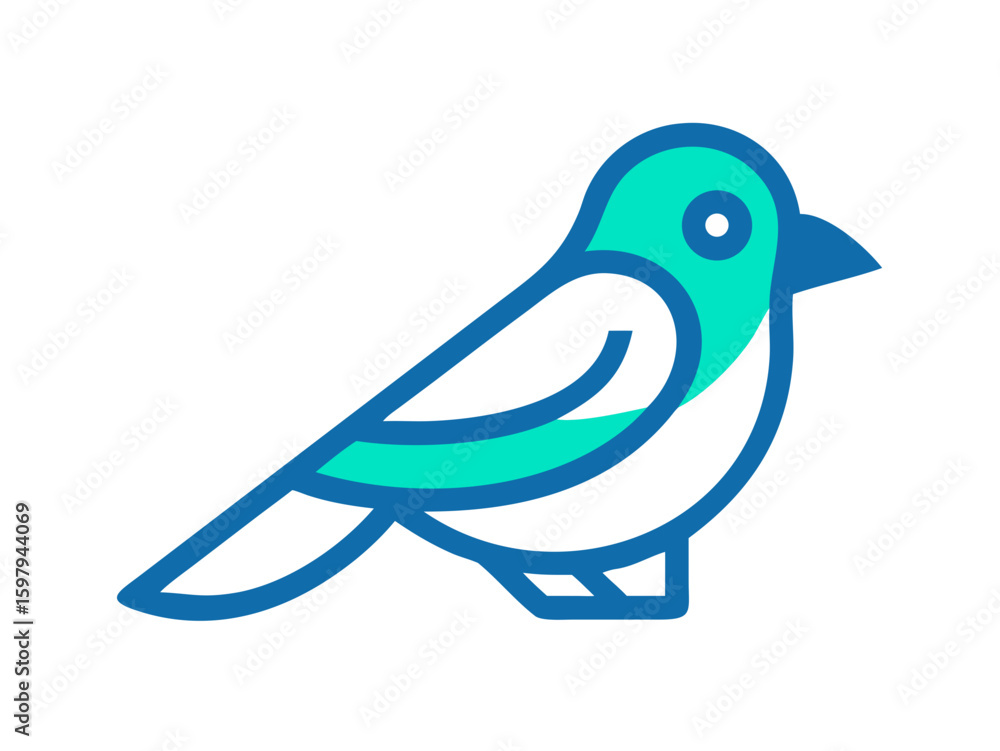 Naklejka premium Cute Line Art Illustration of a Light-Colored Bird Perched. A stylized, light-blue bird with a simple line art design, perched on a branch.