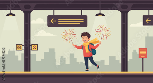 Joyful Celebration At A Station With A Boy Celebrating With Sparklers
