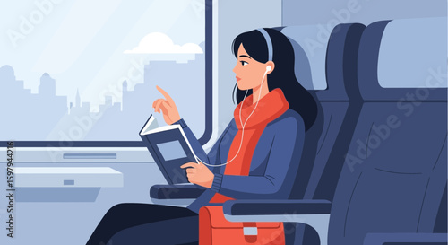 Enjoying Reading While Traveling By Train With A View Of The City