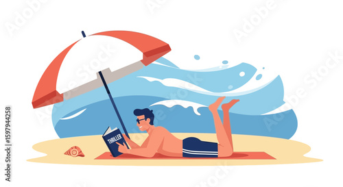 Enjoying Sunny Beach Scene Young Man Reading Thriller Book Vacation