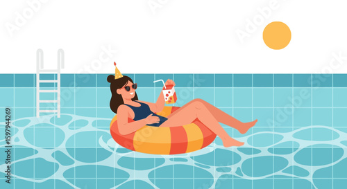 Enjoying Summer Vacation At The Pool With A Refreshing Drink Relaxing On Tube