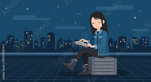 Nighttime Melodies Urban Scene Girl Playing Portable Synthesizer on Rooftop