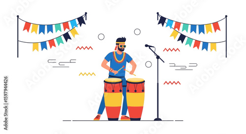 Man Plays Conga Drums At Party With Bunting Decoration And Microphone